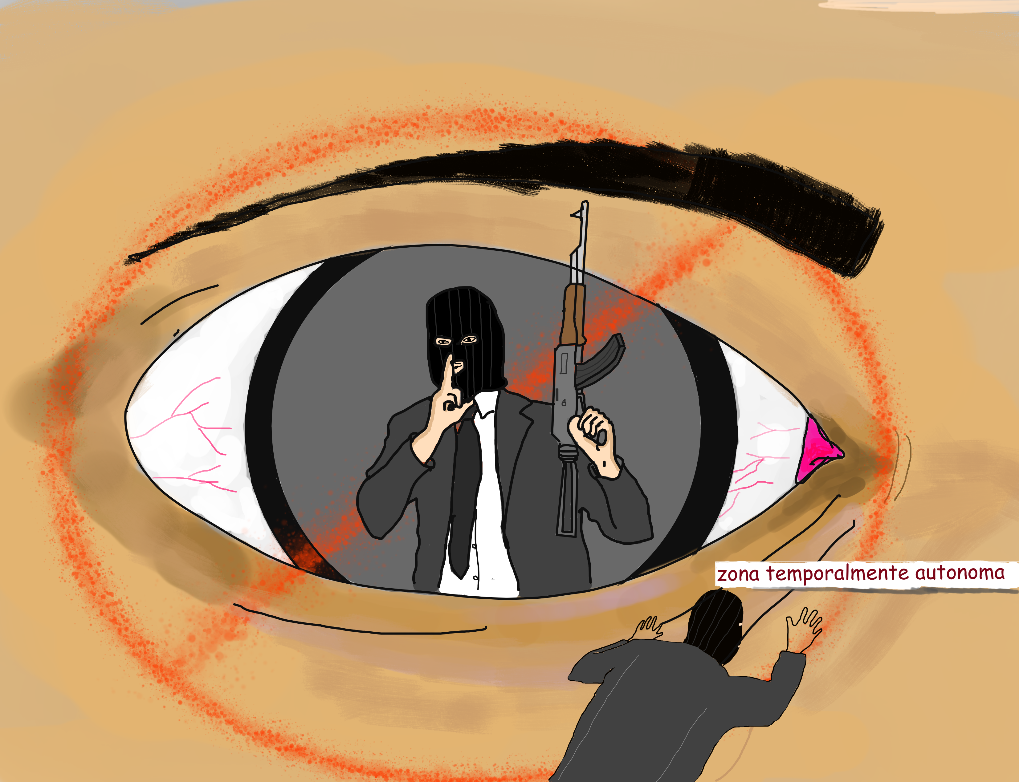 imagen donde se expresa la censura, un ojo con terroristas, referenciando a las zonas temporalmente autonomas de focault